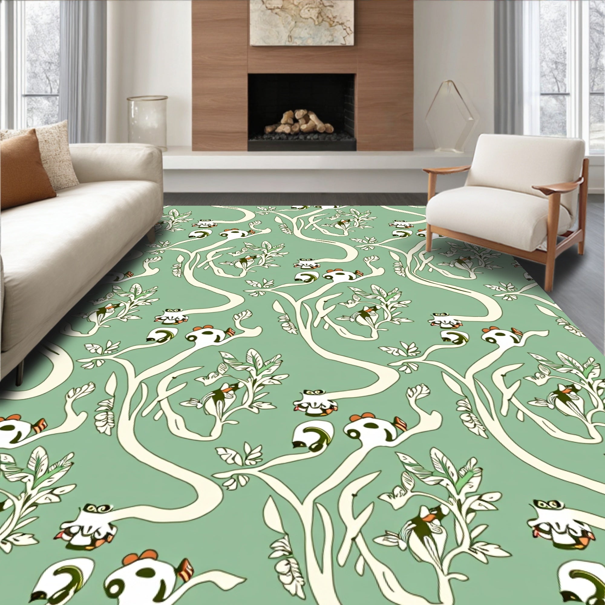 Whimsical Green Bird Tree Branch Rug
