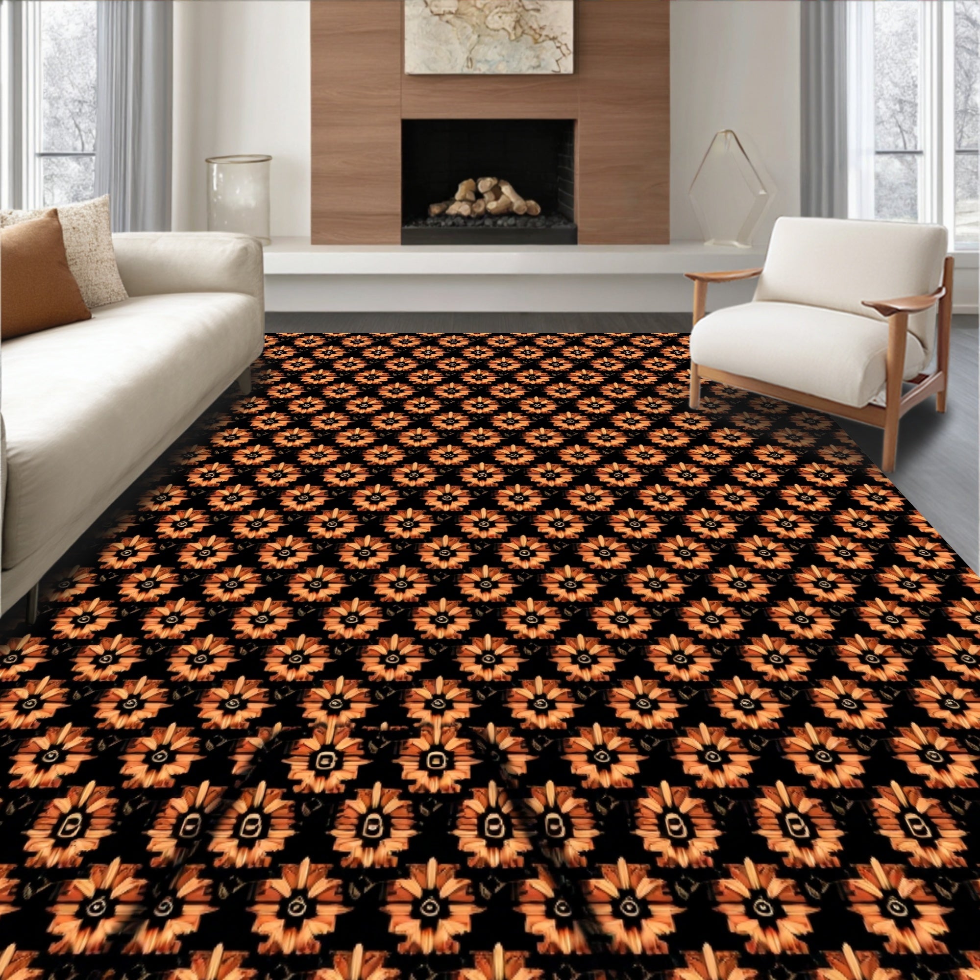 Golden Orange Floral Tessellation Rug