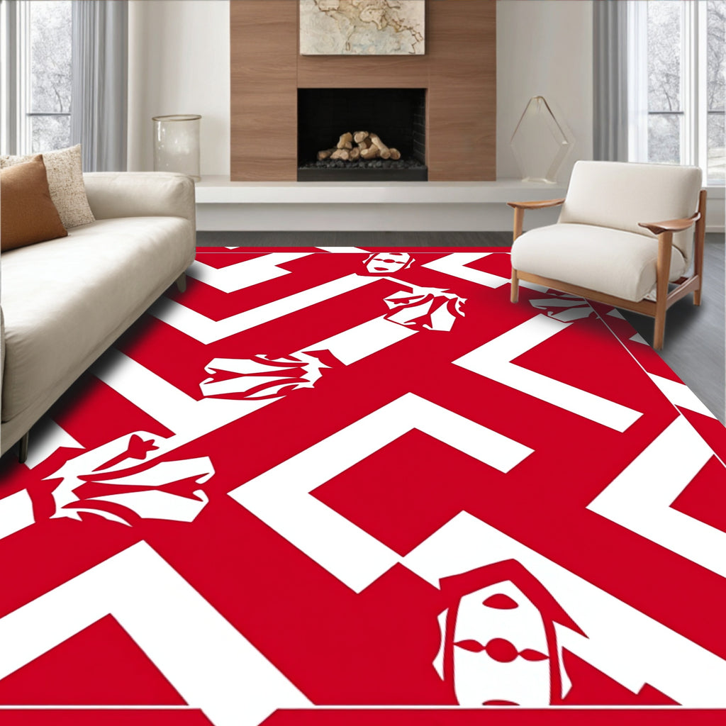 Bold Red Abstract Face and Chevron Rug