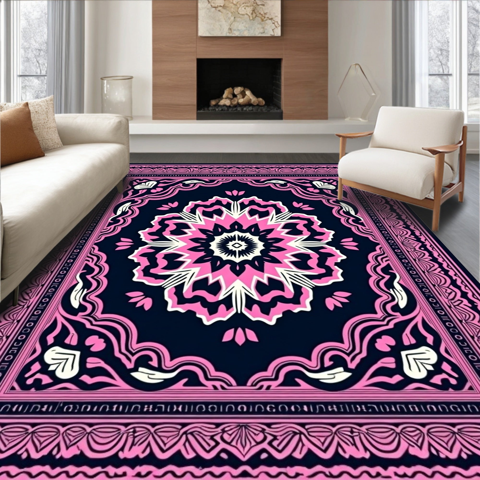 Bold Pink Floral Mandala Navy Rug