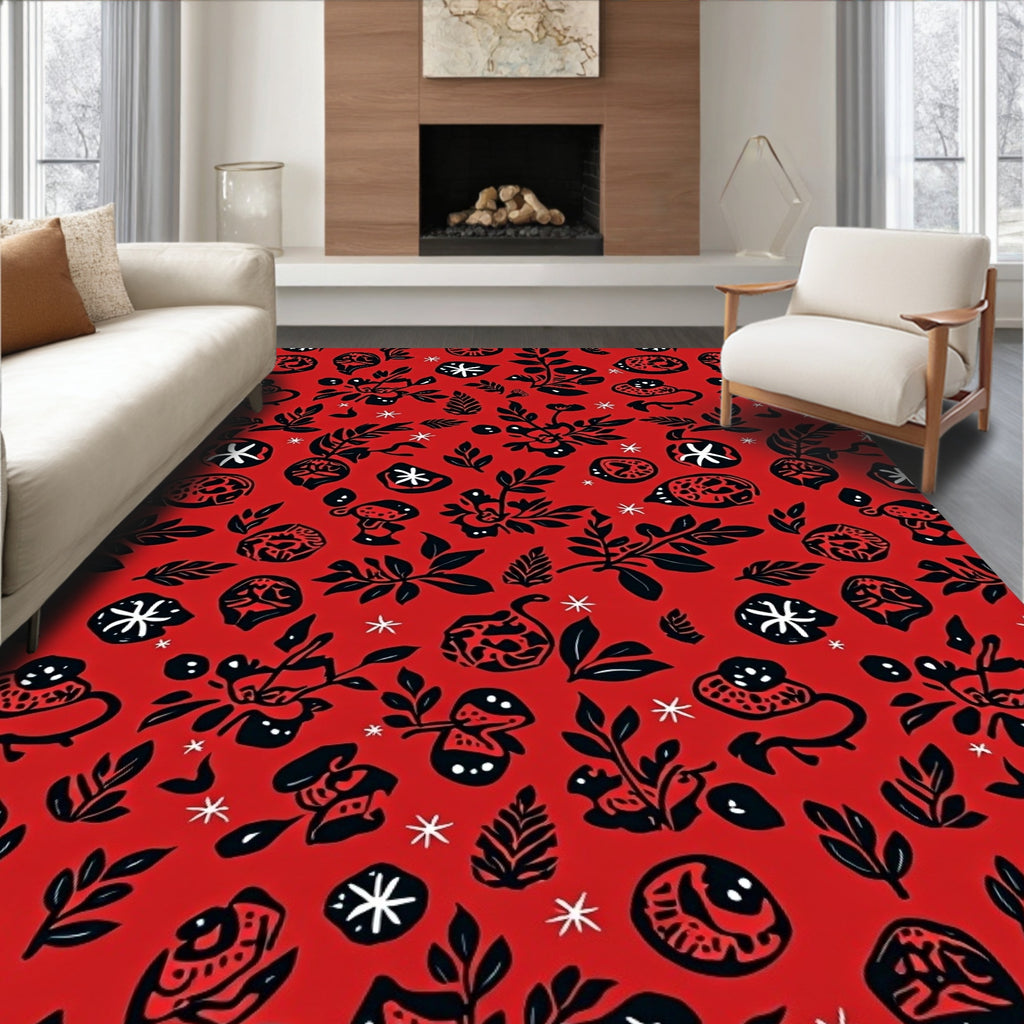 Bold Red Folk Art Floral Rug
