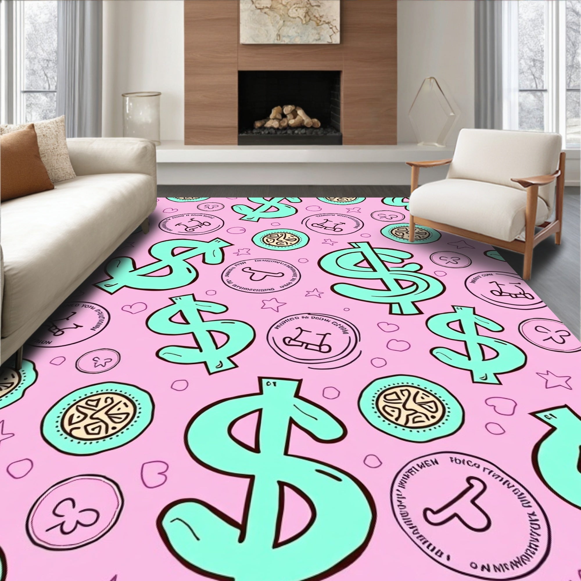 Aqua Dollar Signs Pink Scatter Rug