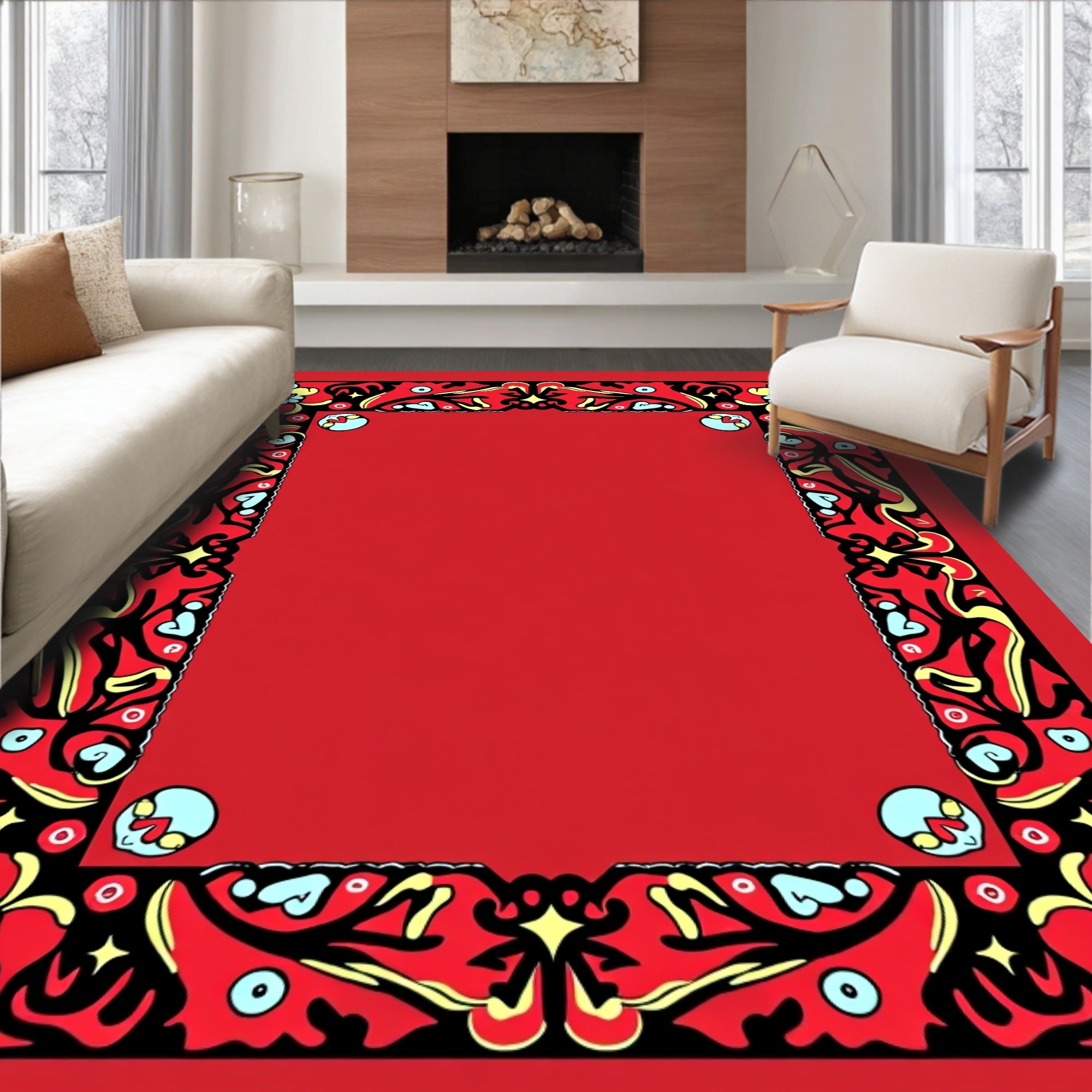 Red Black Yellow Floral Border Rug