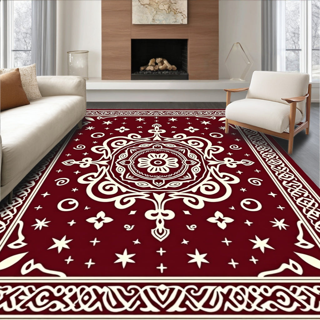 Deep Red Floral Medallion Bordered Rug