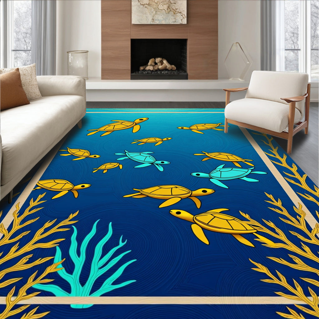 Golden Turtles In Deep Blue Sea Rug