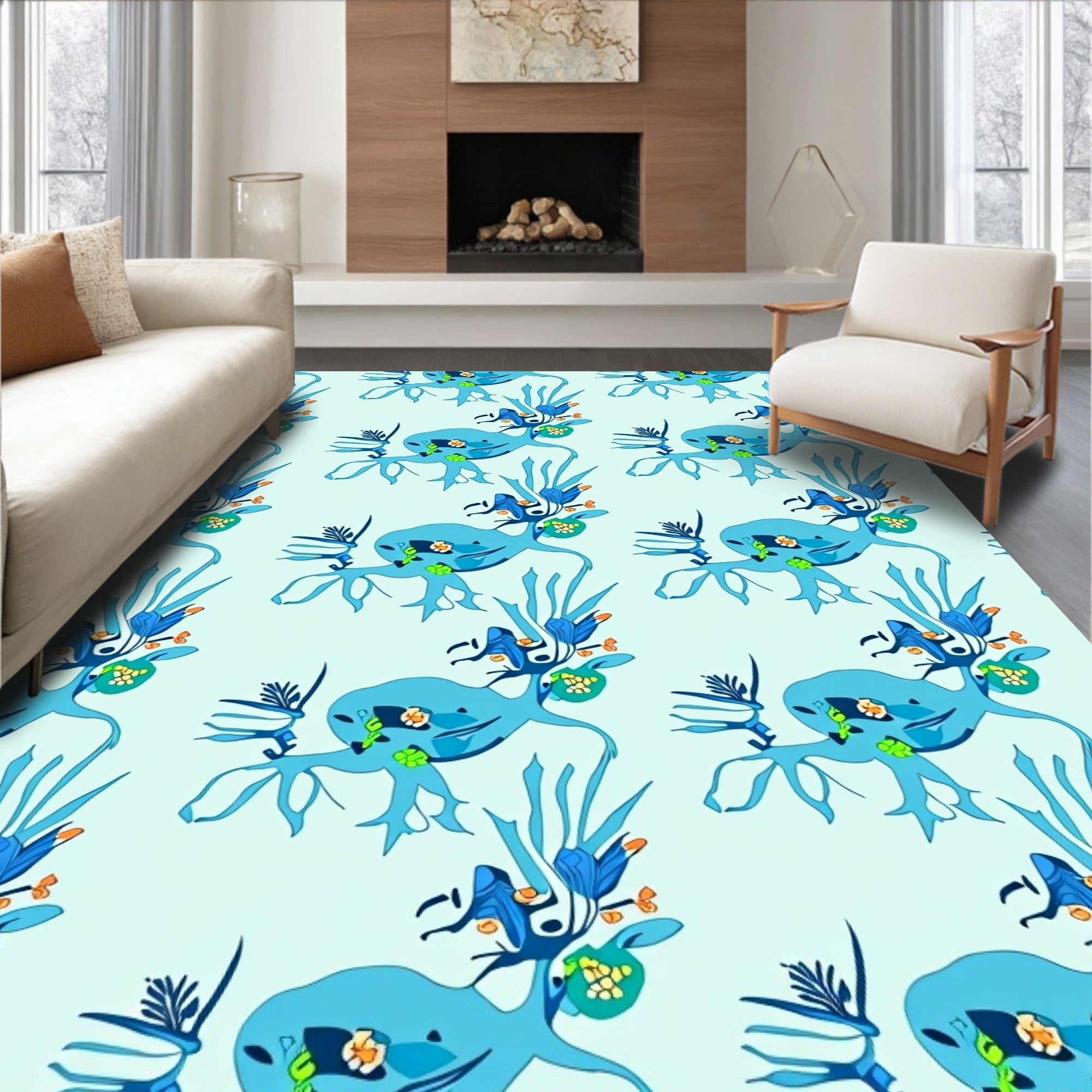 Abstract Blue Creature Floral Border Rug