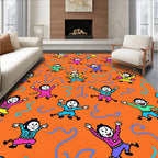 Happy Jumping Figures Orange Background Rug