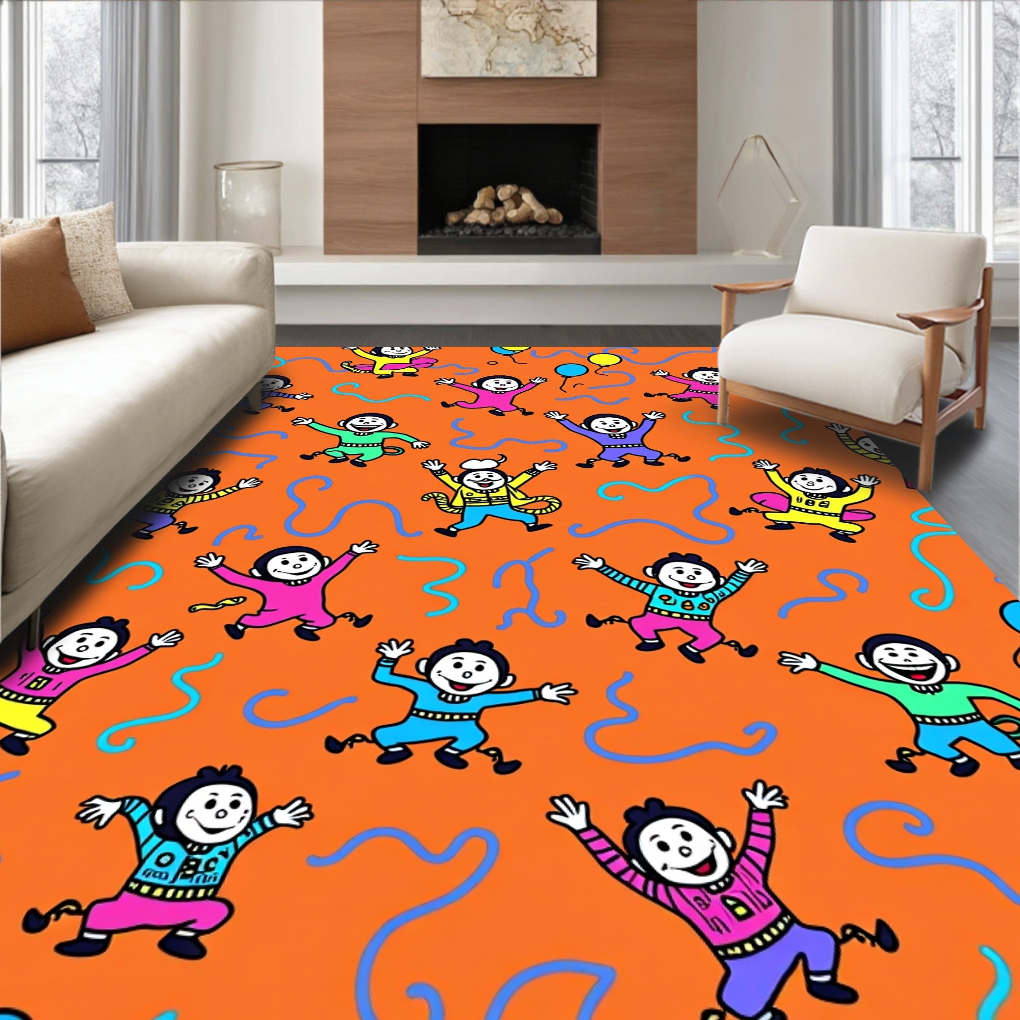 Happy Jumping Figures Orange Background Rug
