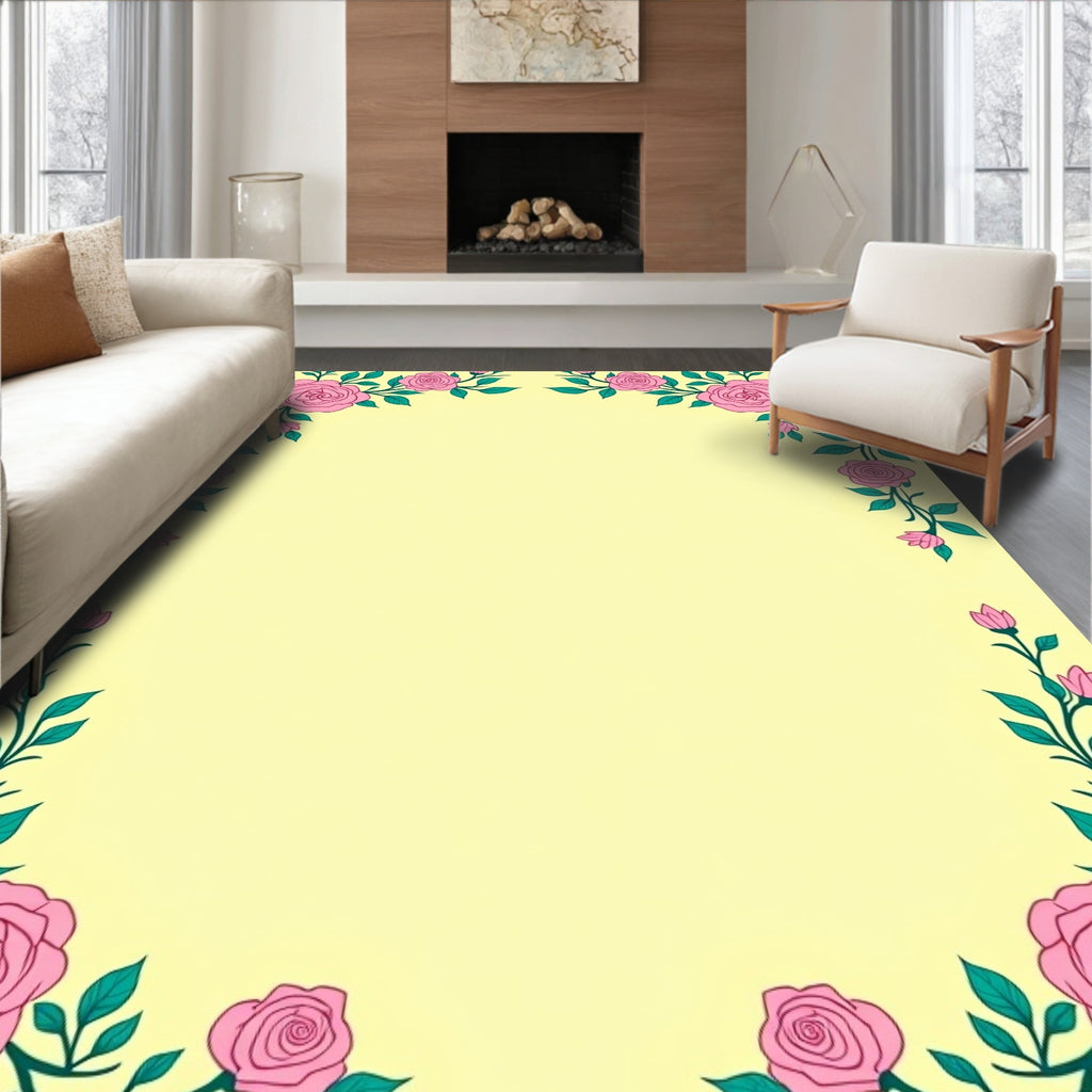 Pink Roses and Green Leaves Border Rug