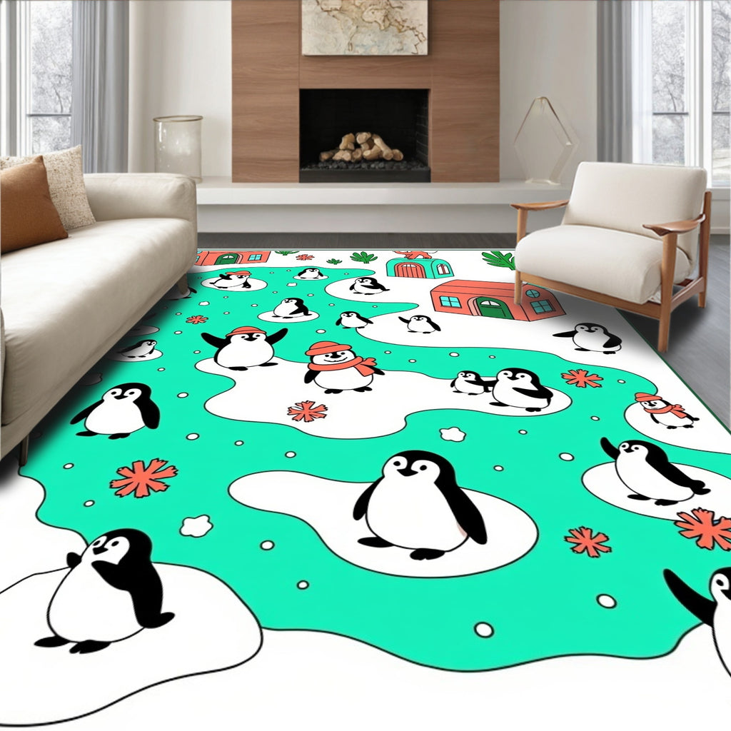 Whimsical Penguin Village Ice Floe Rug