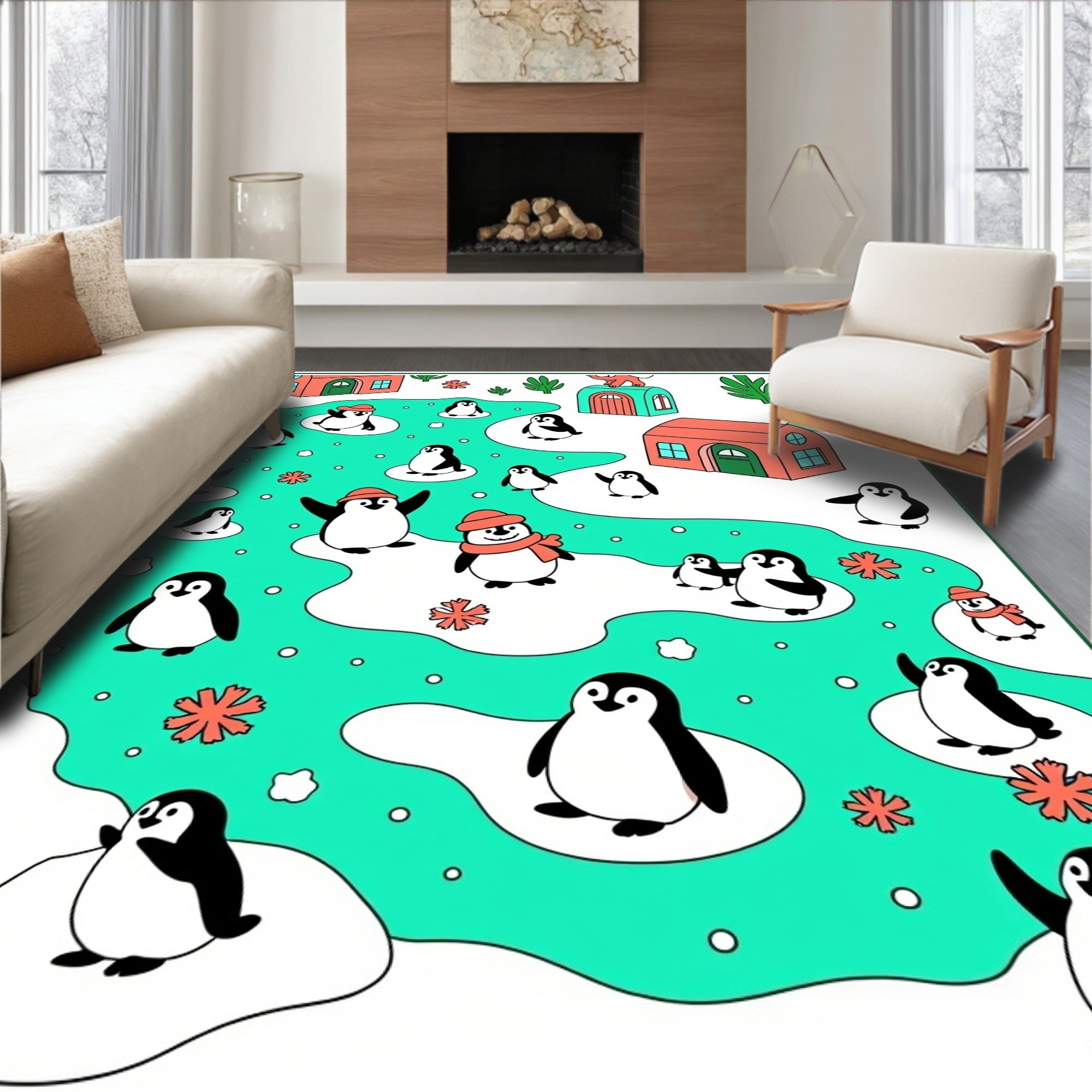 Whimsical Penguin Village Ice Floe Rug