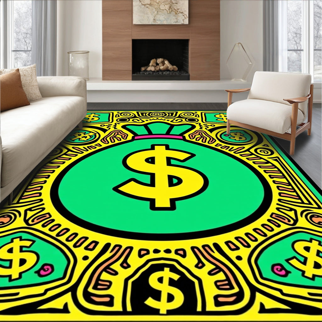 Bold Yellow Green Money Bag Dollar Rug