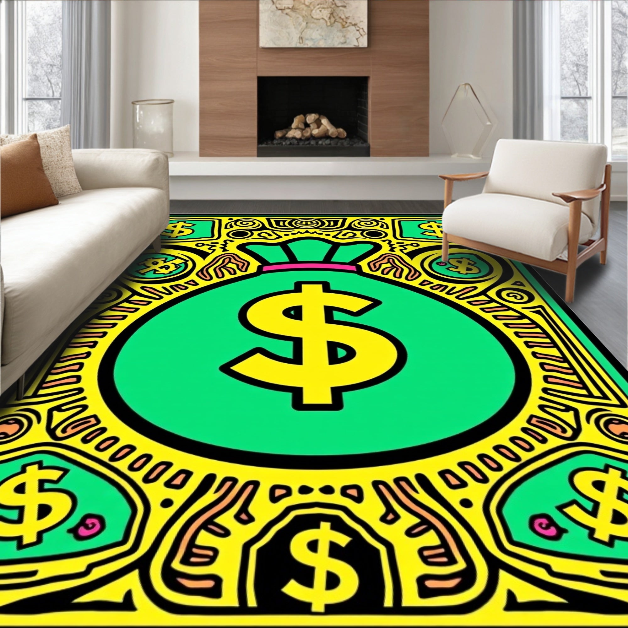 Bold Yellow Green Money Bag Dollar Rug