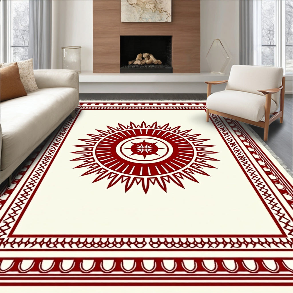 Crimson Sunburst Tribal Border Rug