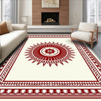 Crimson Sunburst Tribal Border Rug