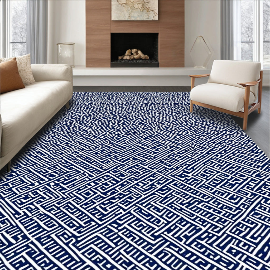 Deep Blue White Interlocking Line Rug