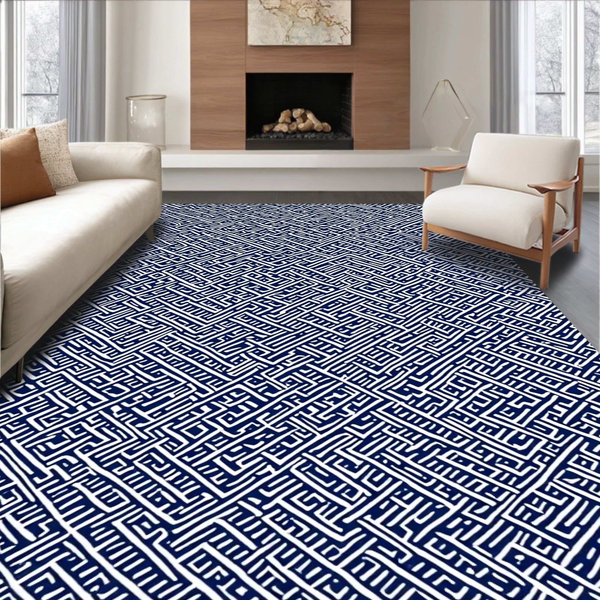 Deep Blue White Interlocking Line Rug