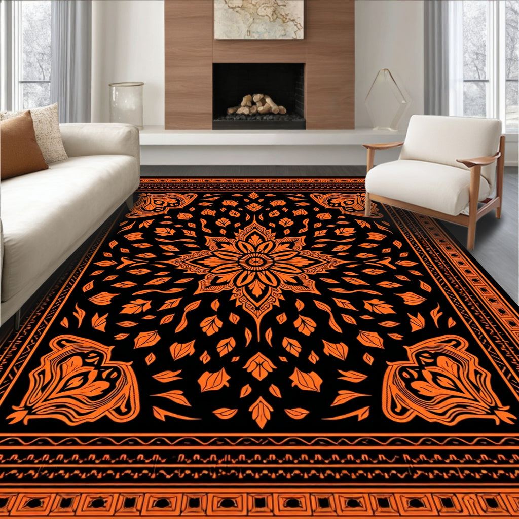 Bold Orange Floral Mandala Bordered Rug