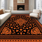 Bold Orange Floral Mandala Bordered Rug