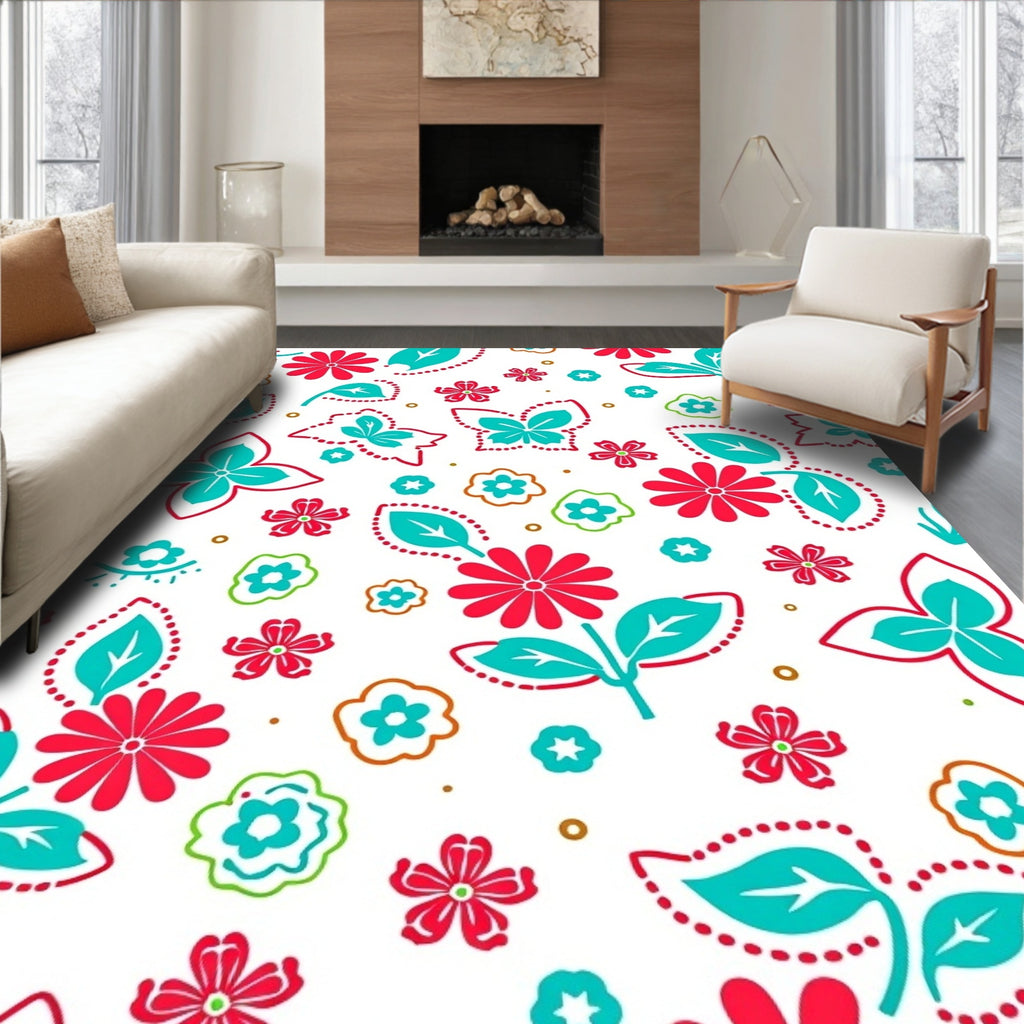 Coral Pink Teal Whimsical Butterfly Florals Rug