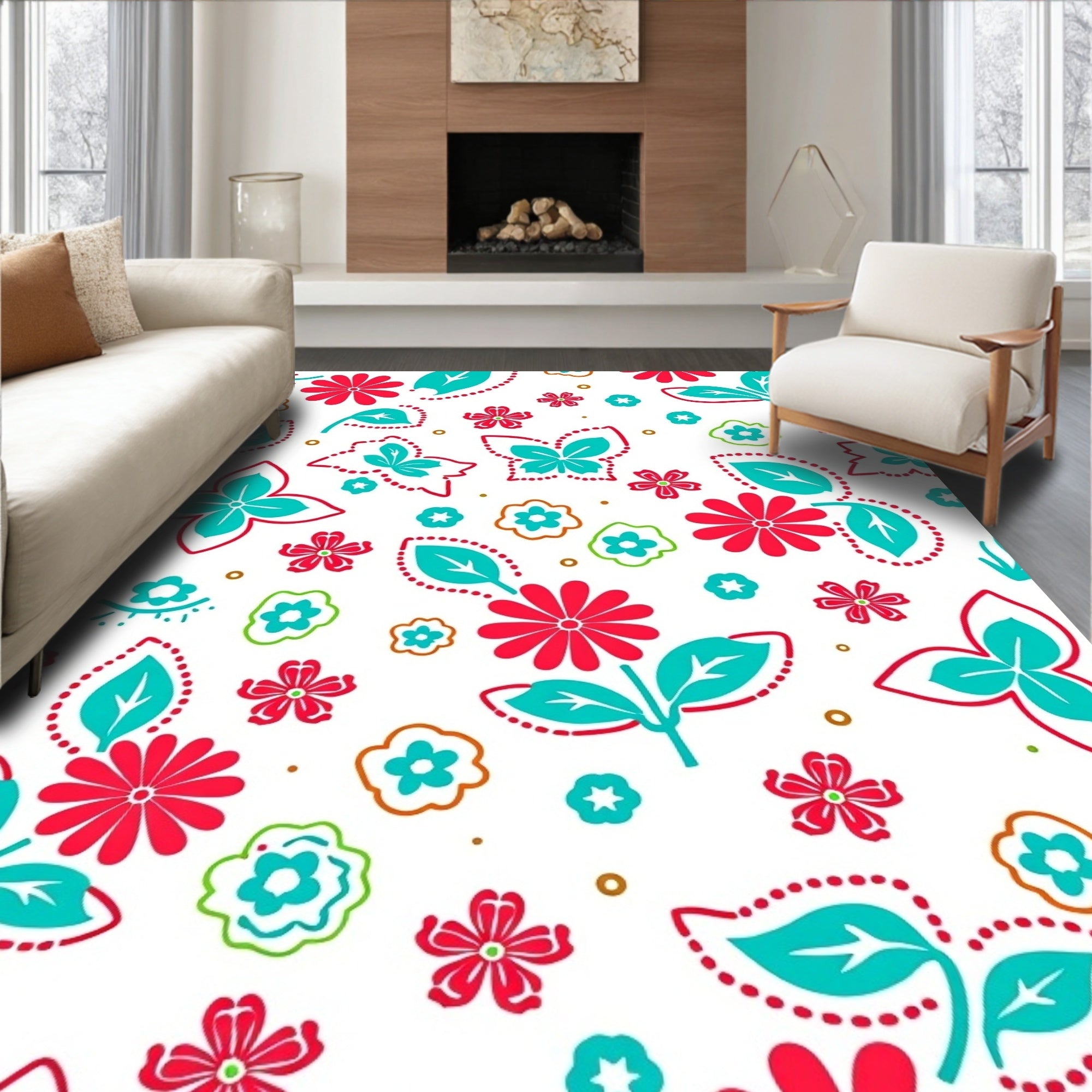 Coral Pink Teal Whimsical Butterfly Florals Rug