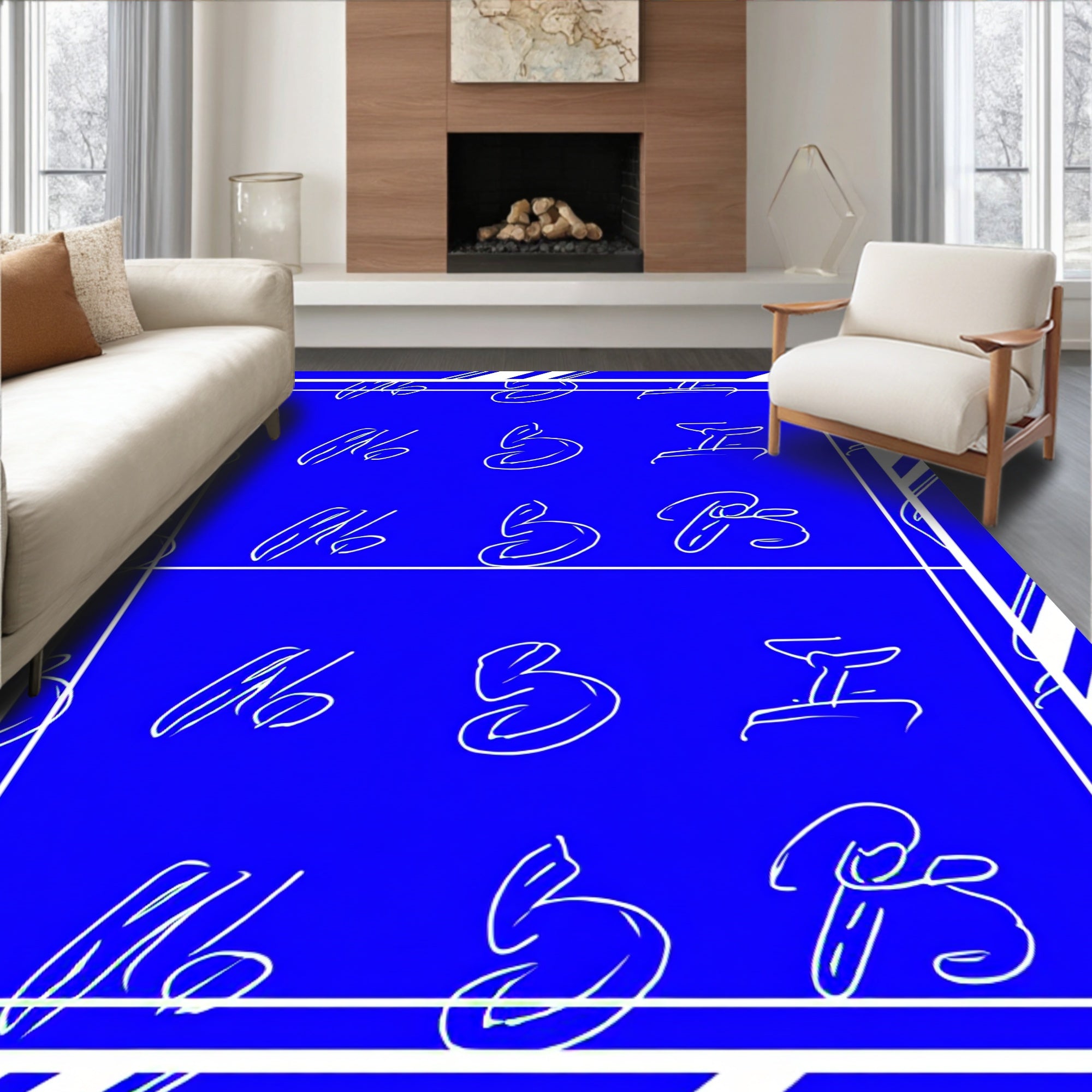 Bold Blue White Abstract Script Rug