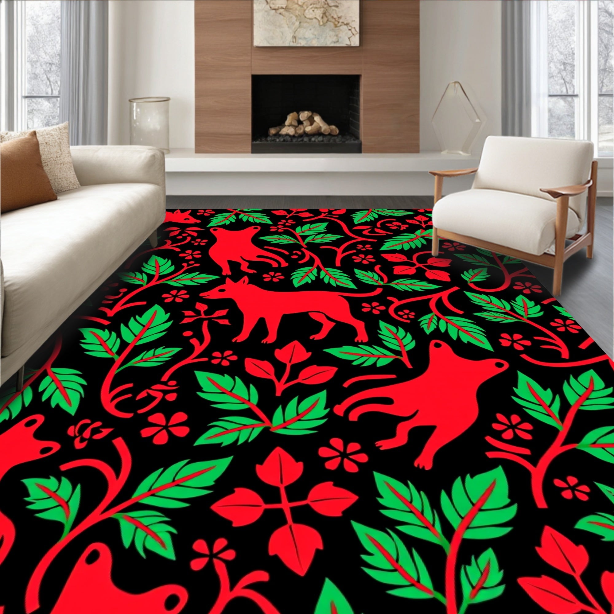 Whimsical Red Fox Foliage Black Rug