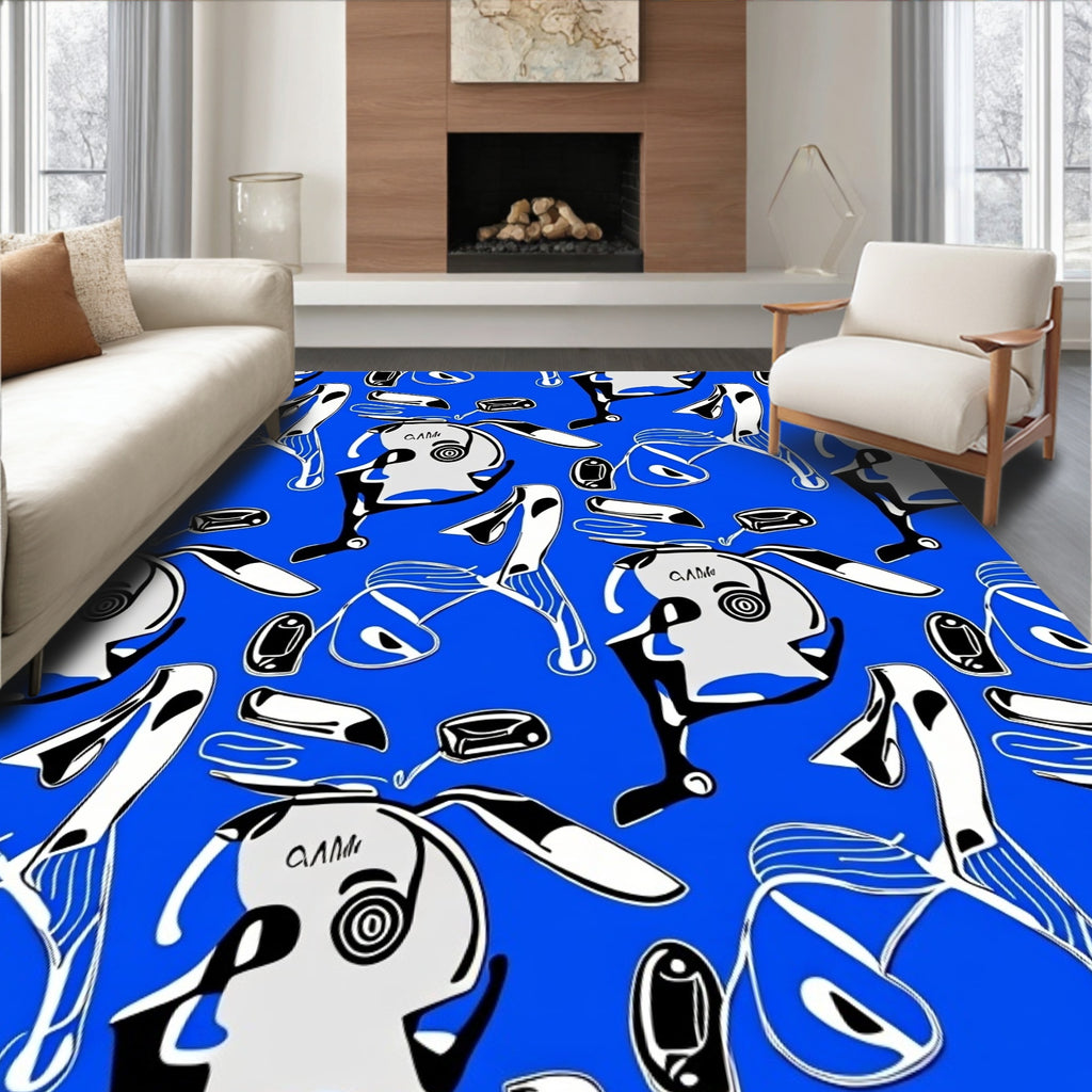 Bold Blue White Abstract Figures Rug