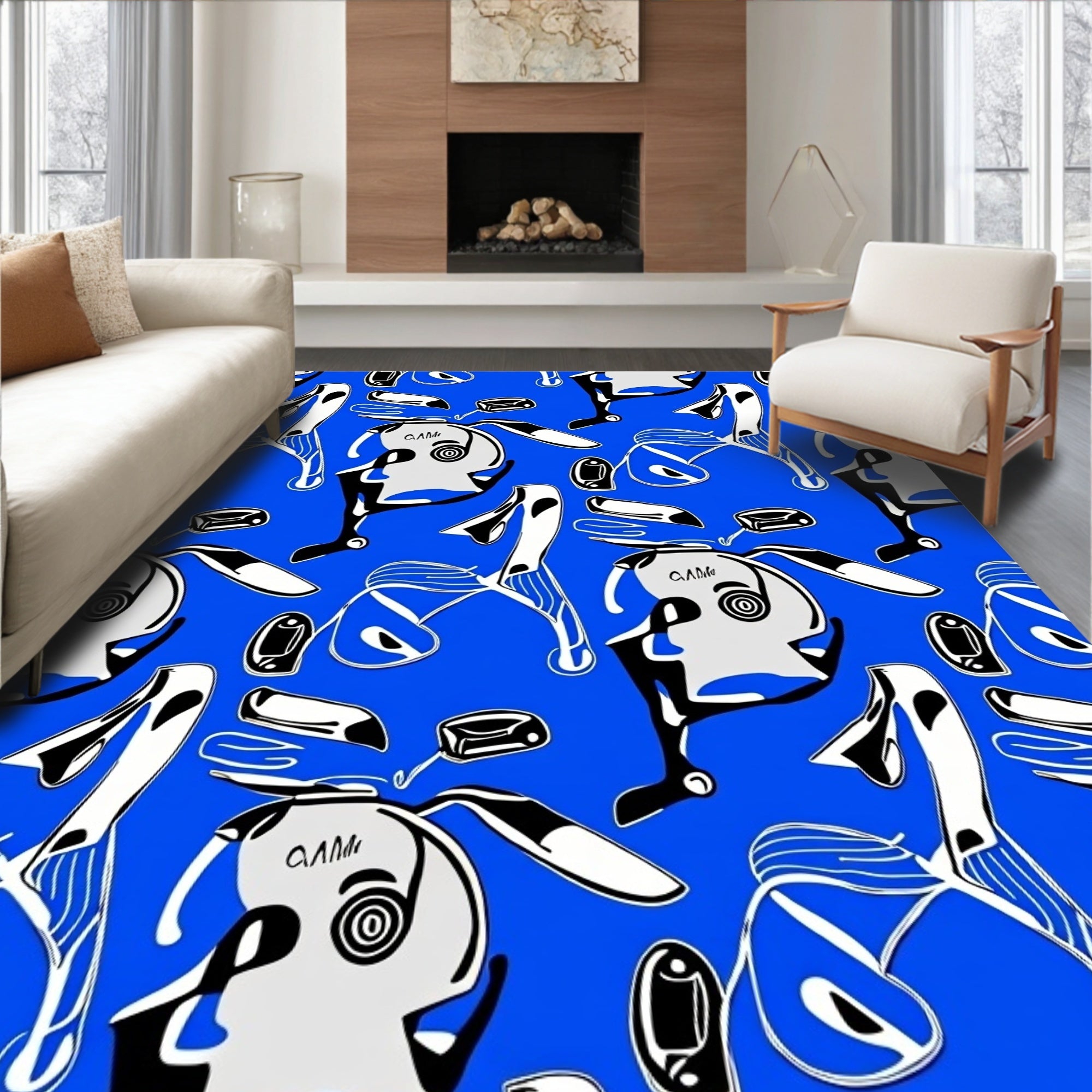 Bold Blue White Abstract Figures Rug