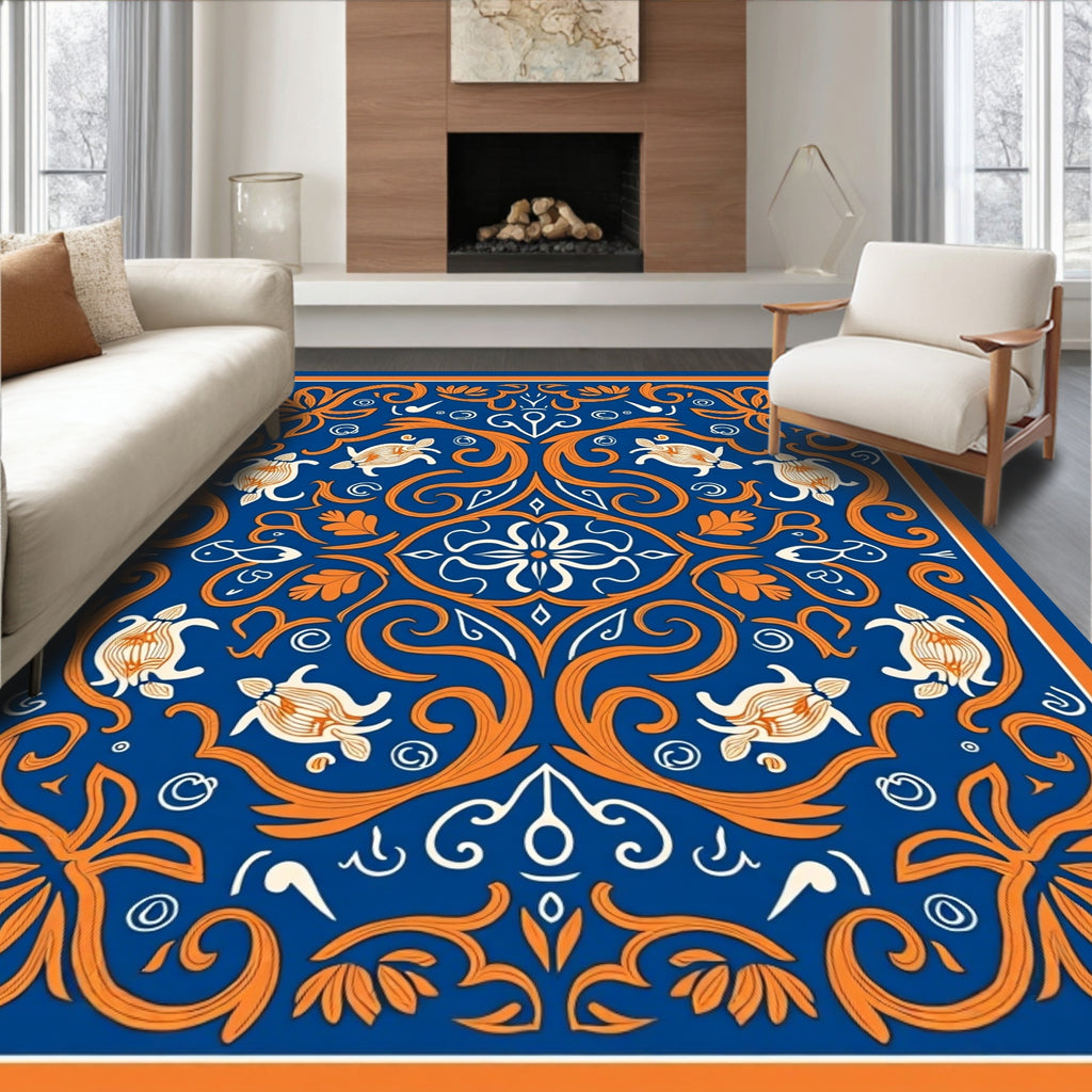 Ornate Sea Turtle Floral Blue Orange Rug