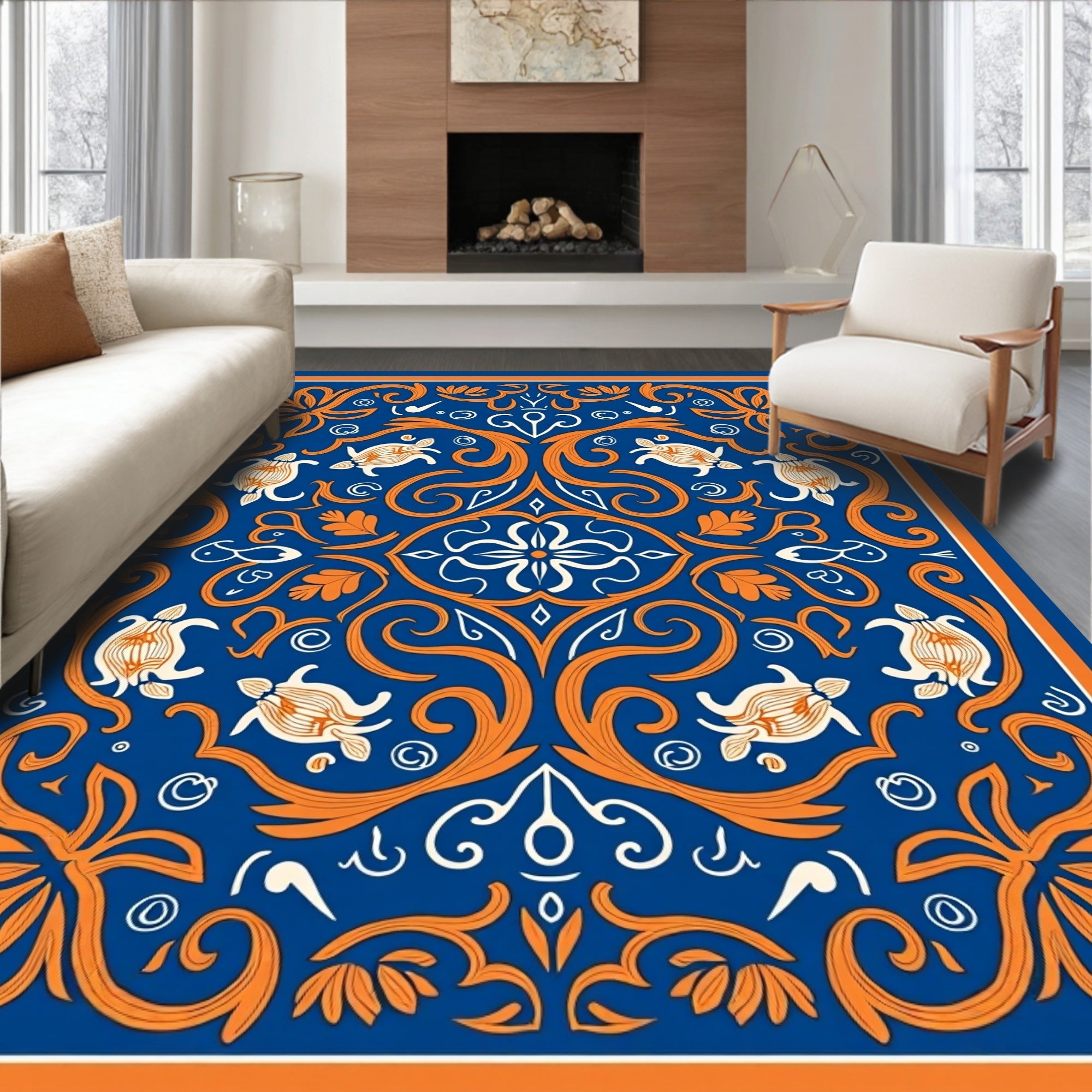 Ornate Sea Turtle Floral Blue Orange Rug