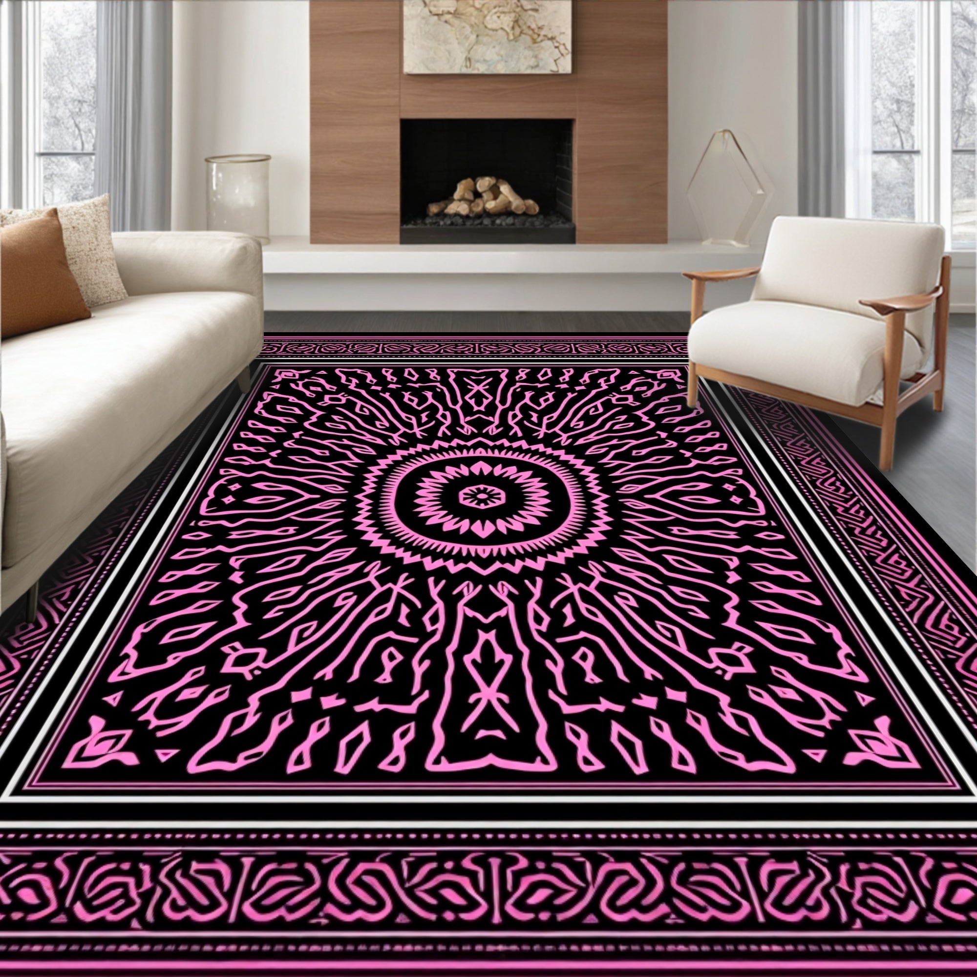 Pink Black Intricate Mandala Rug