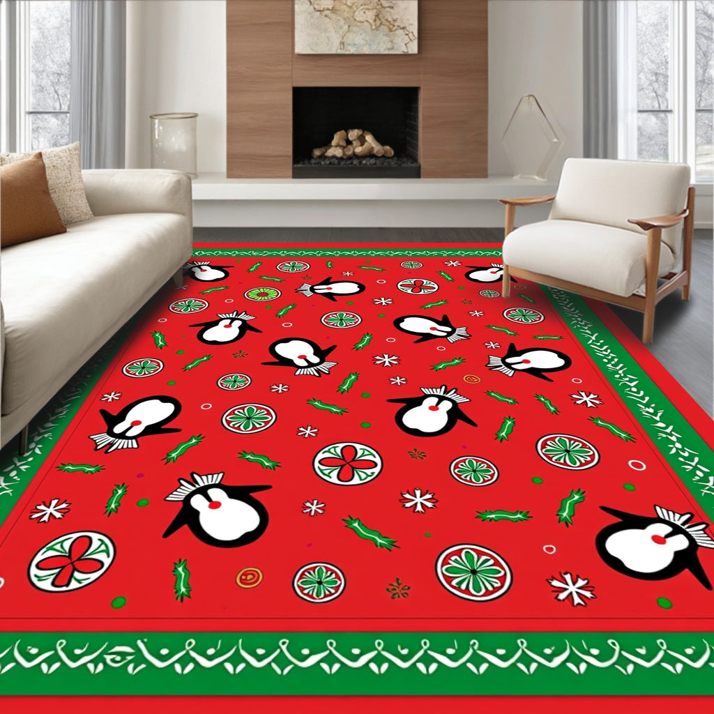 Whimsical Penguin Red Green Border Rug