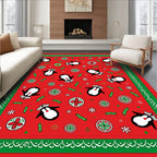 Whimsical Penguin Red Green Border Rug