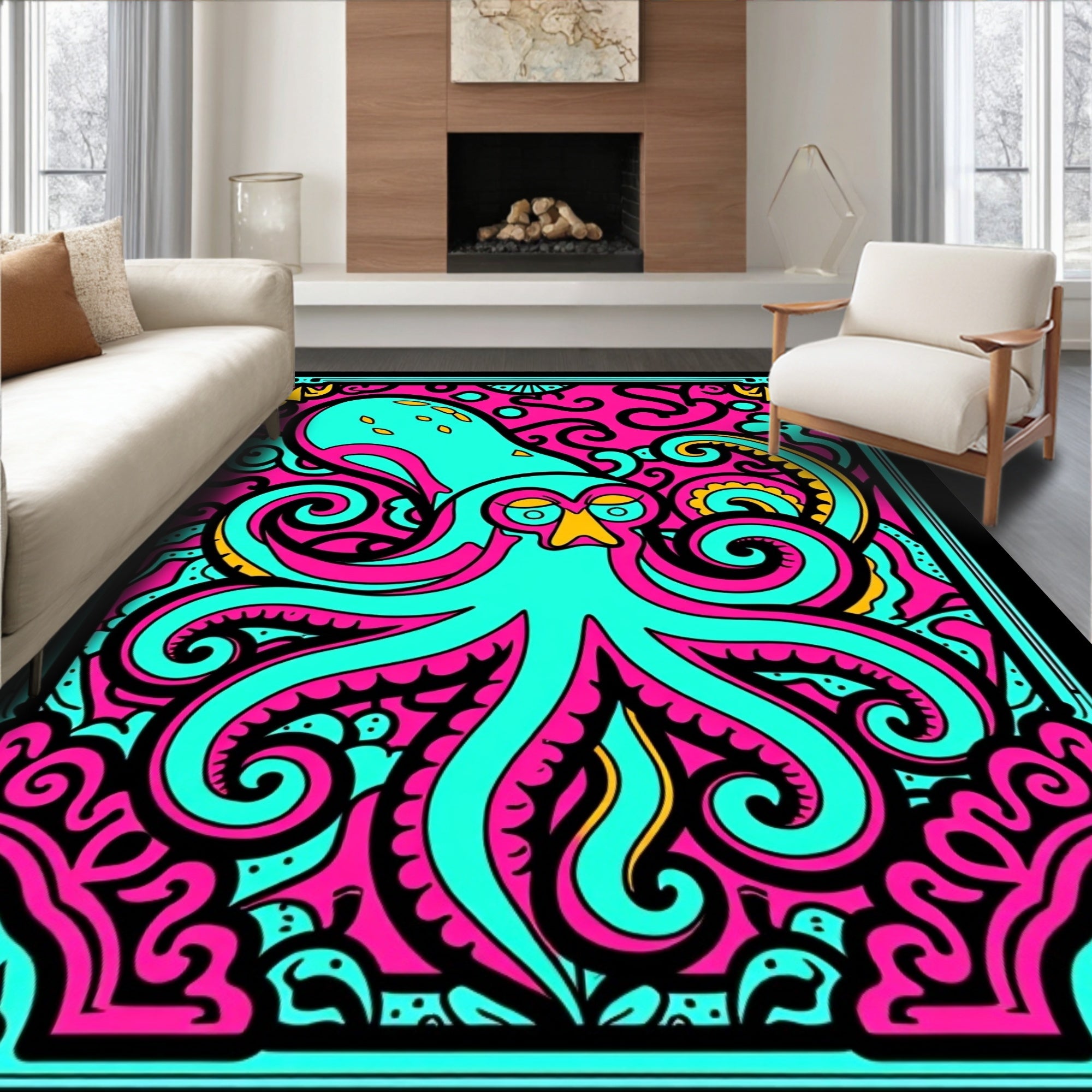 Vibrant Aqua Octopus Swirls Rug