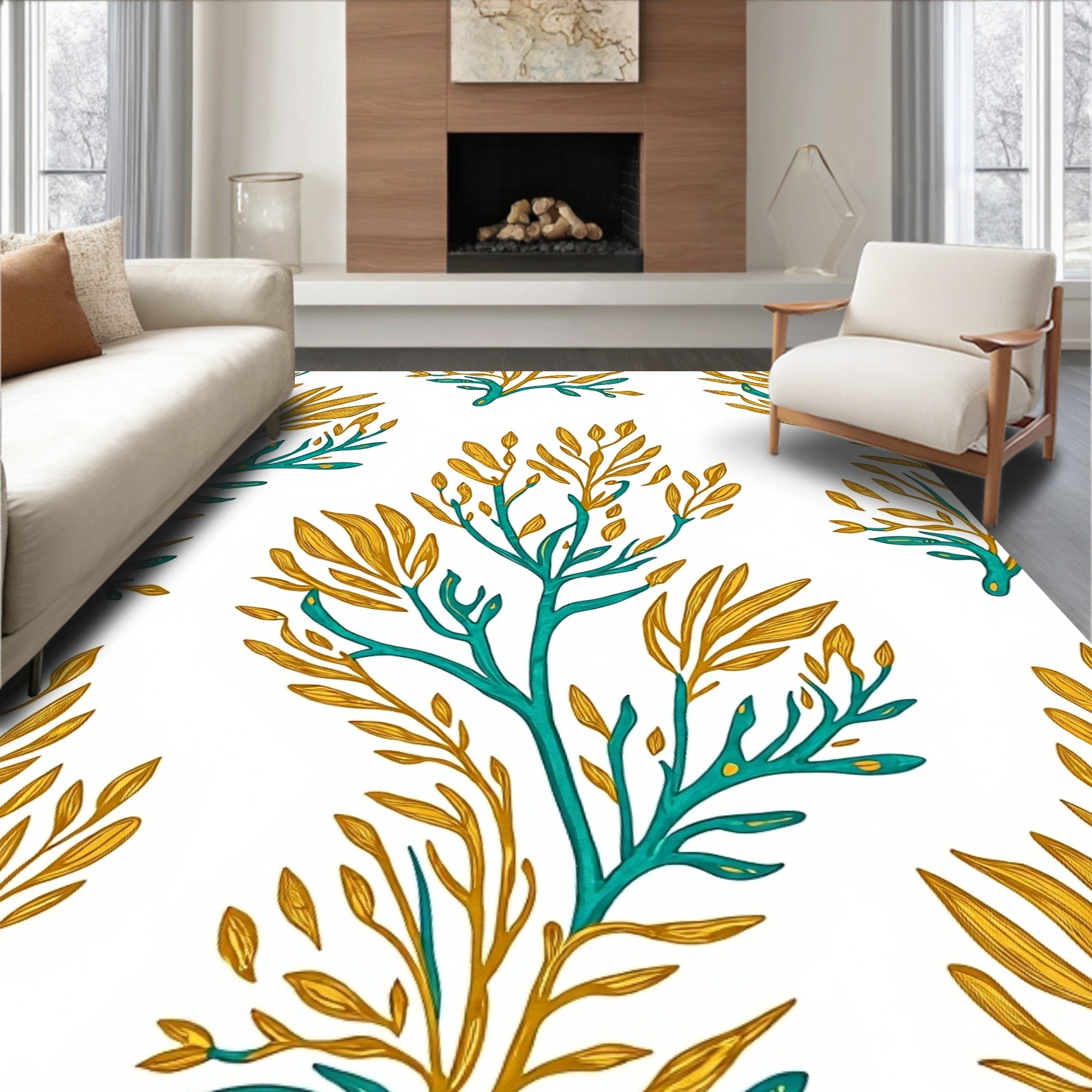 Teal Gold Branch Blossom Repeating Rug