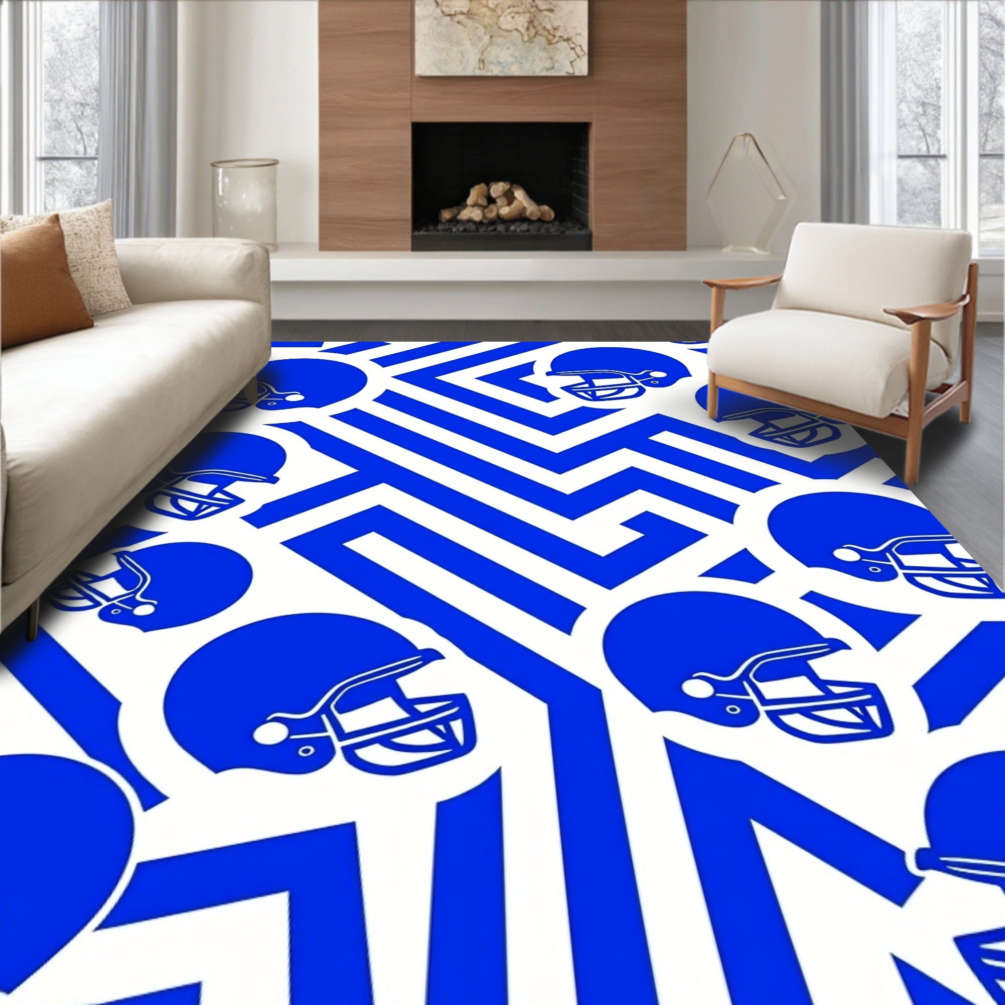 Bold Blue Football Helmets Geometric Maze Rug
