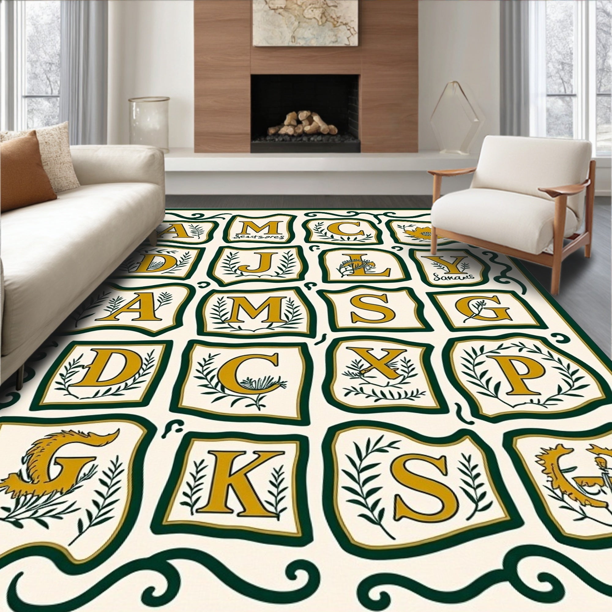 Golden Alphabet Botanical Floral Border Rug