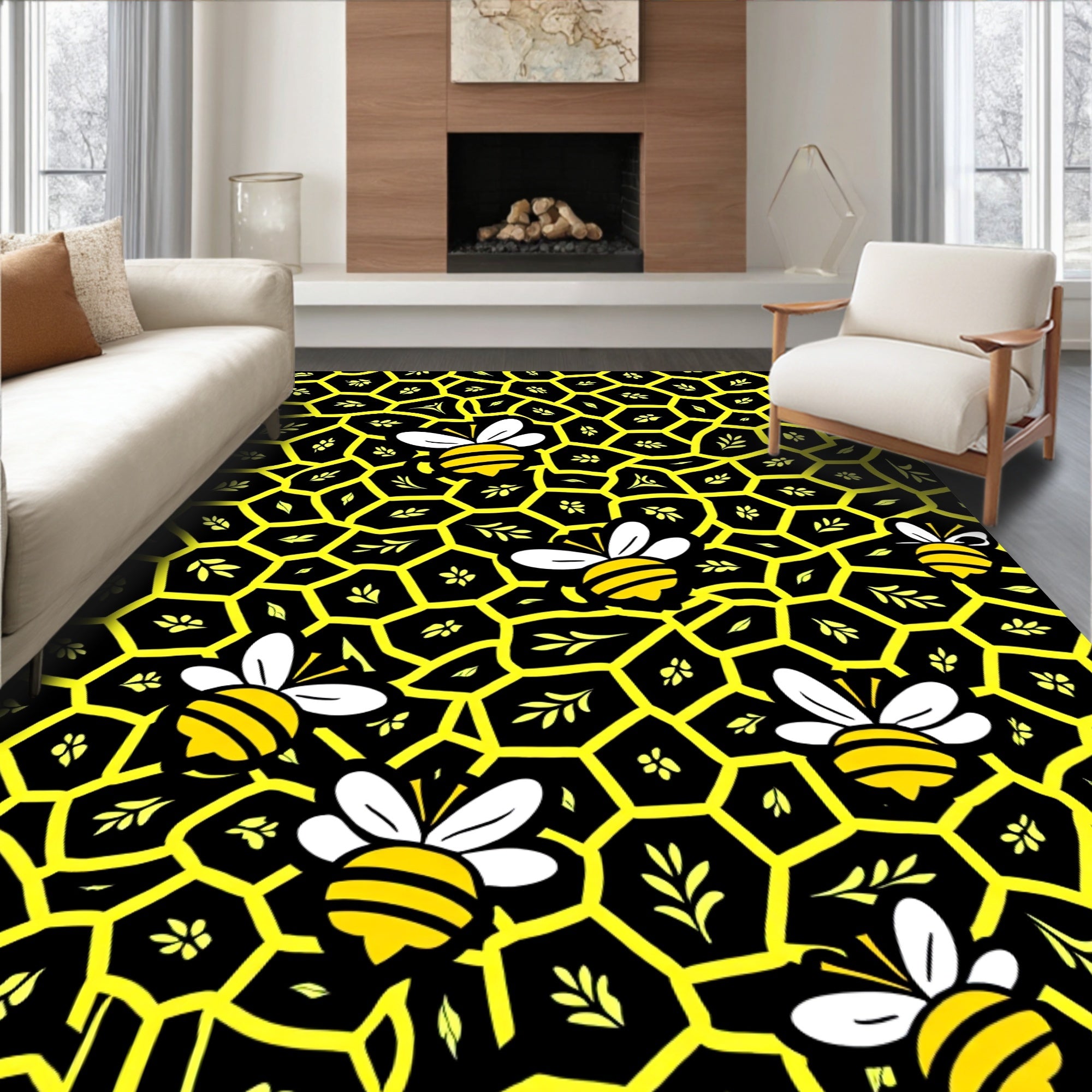 Black Yellow Bee Honeycomb Garden Rug