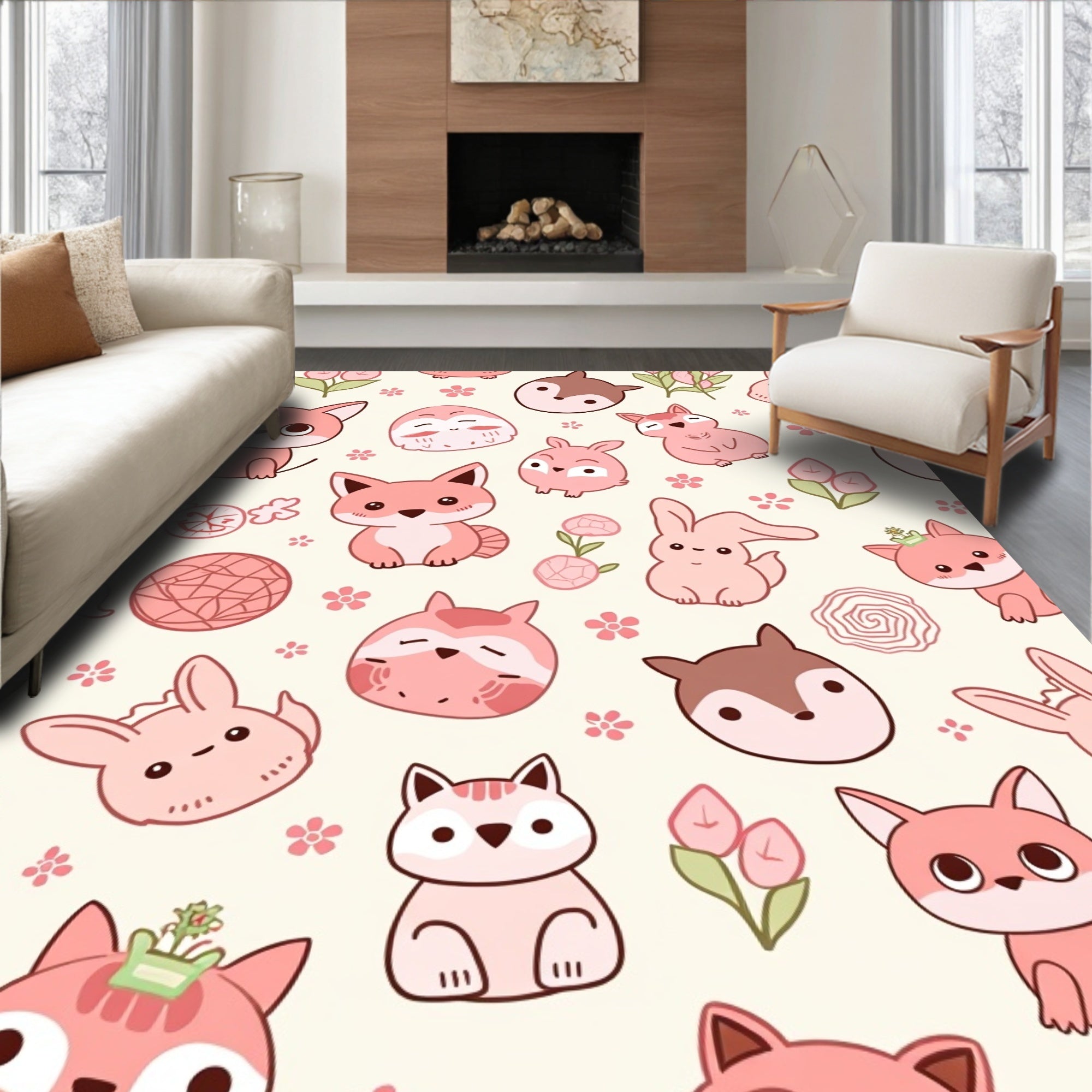 Cute Pink Forest Creatures Floral Scatter Rug