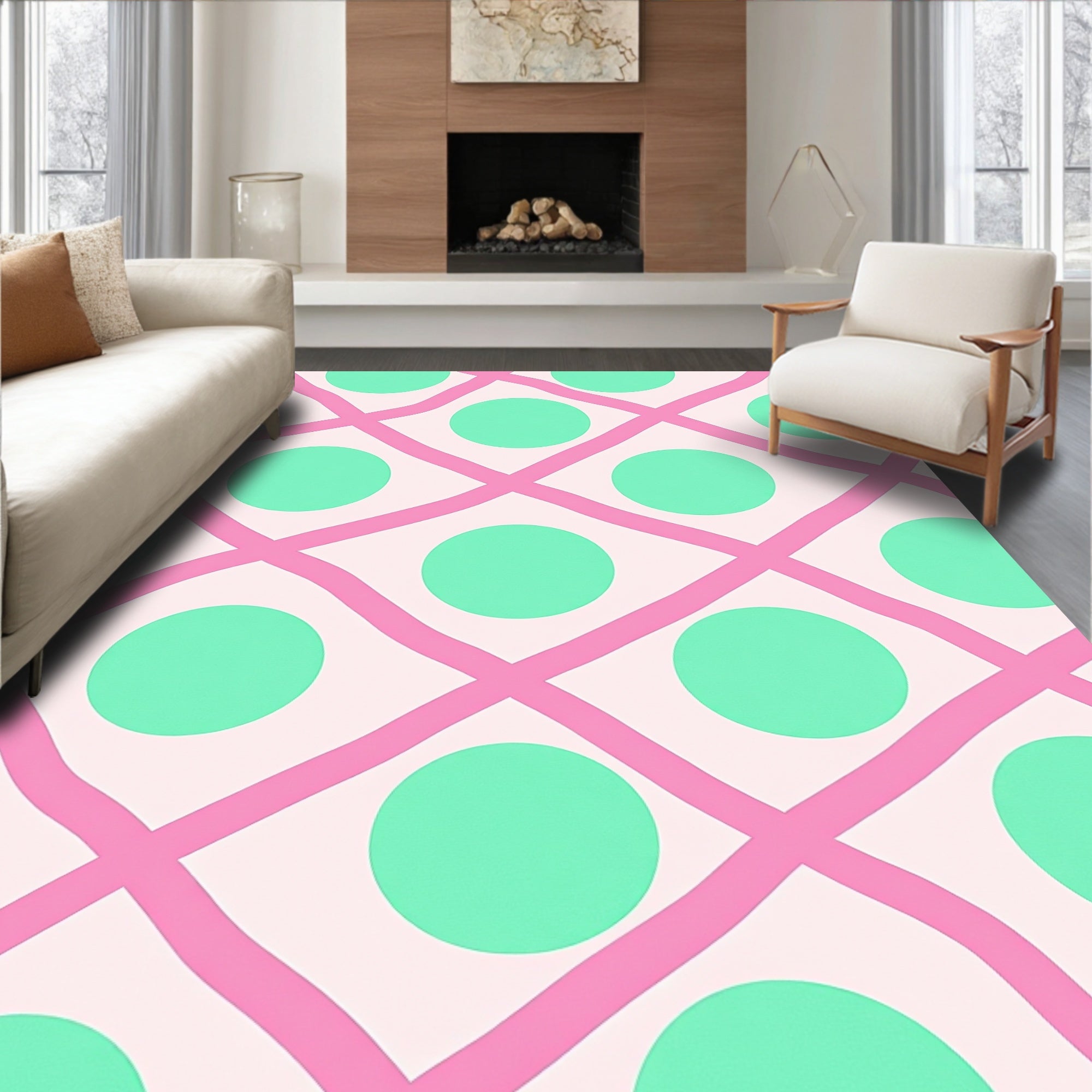 Pink Mint Polka Dot Grid Rug