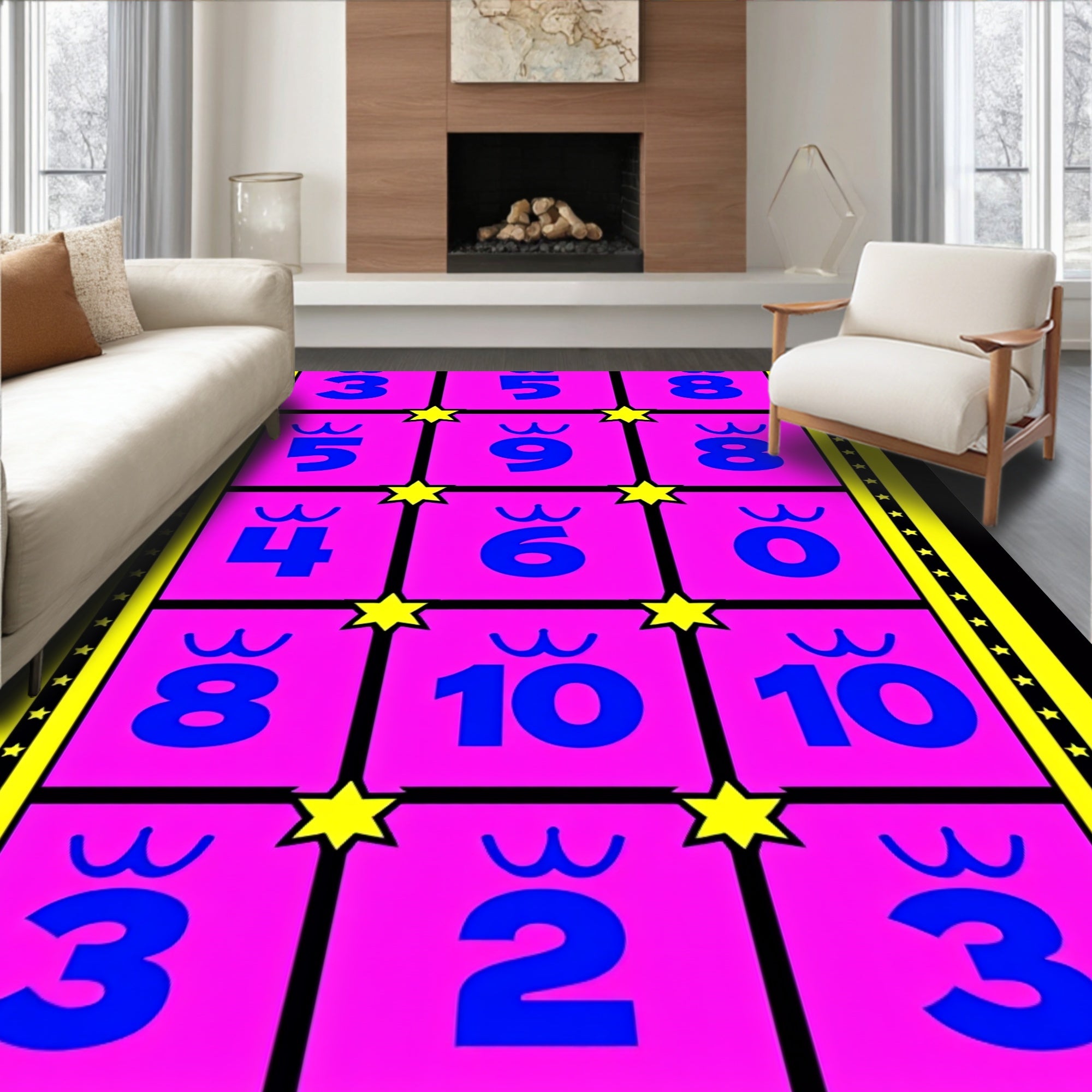Vibrant Pink Blue Numbers Stars Rug