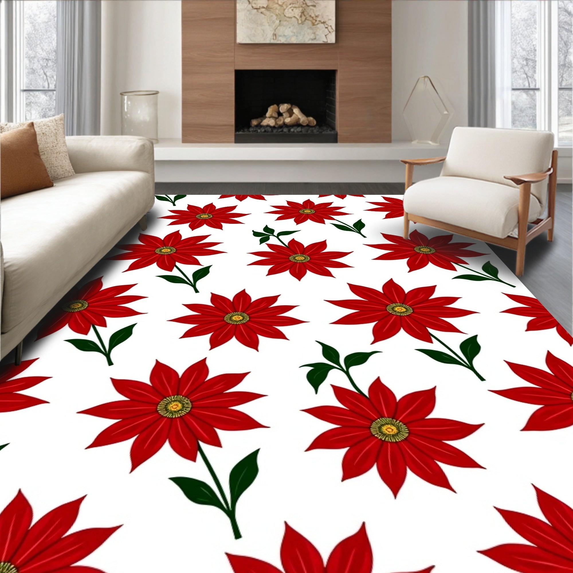 Vibrant Red Floral Branch Arrangement Rug