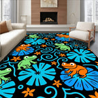 Whimsical Orange Green Frog Floral Swirls Rug
