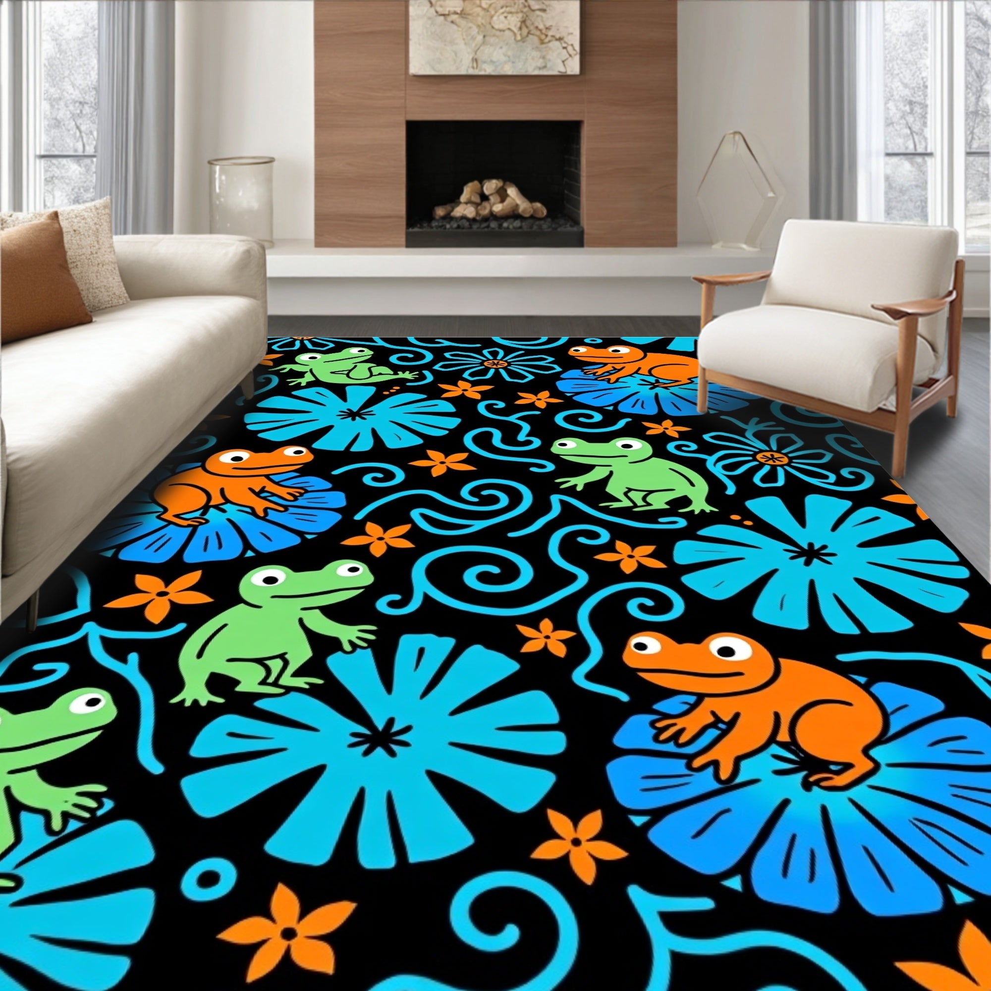 Whimsical Orange Green Frog Floral Swirls Rug