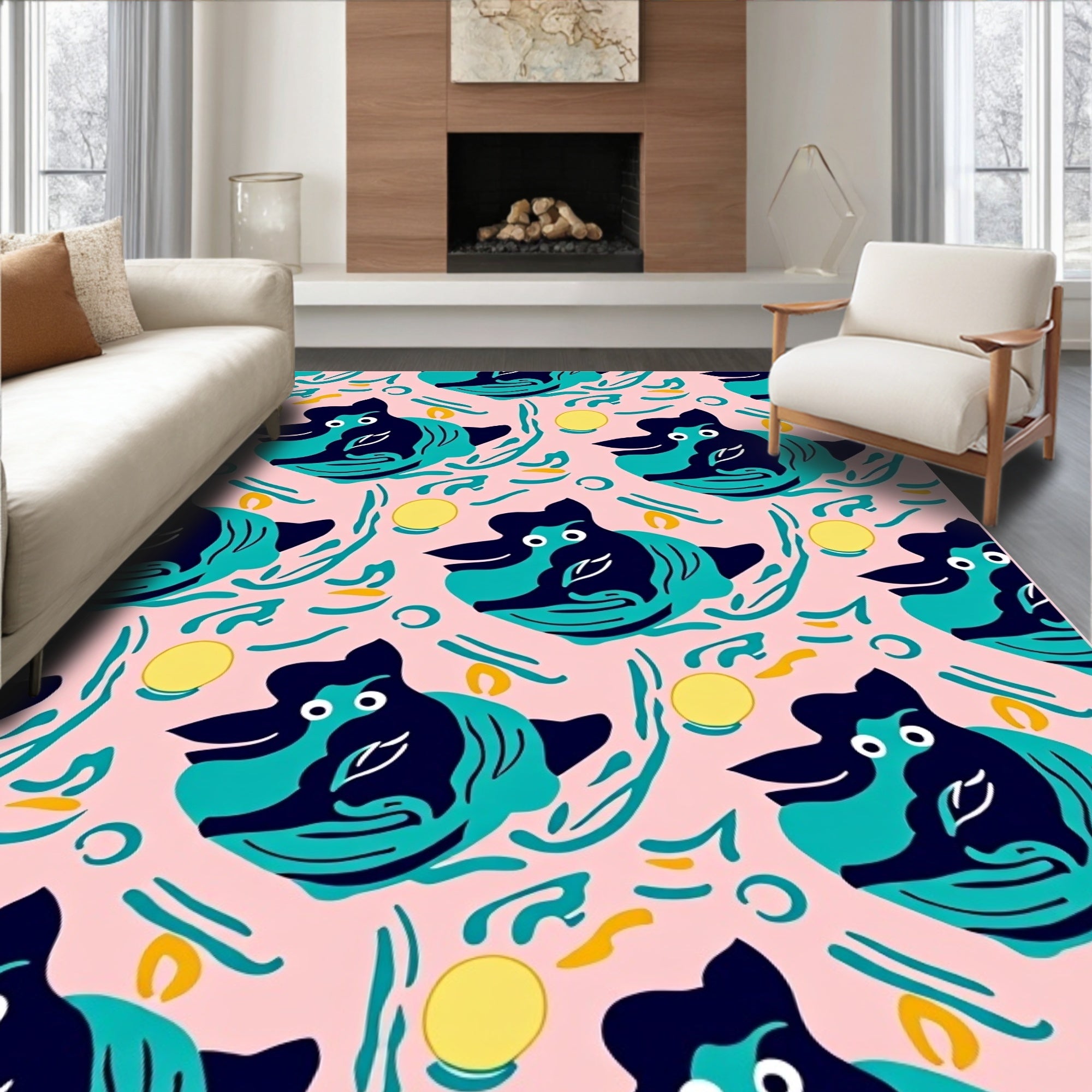 Whimsical Teal Bird Pink Background Rug