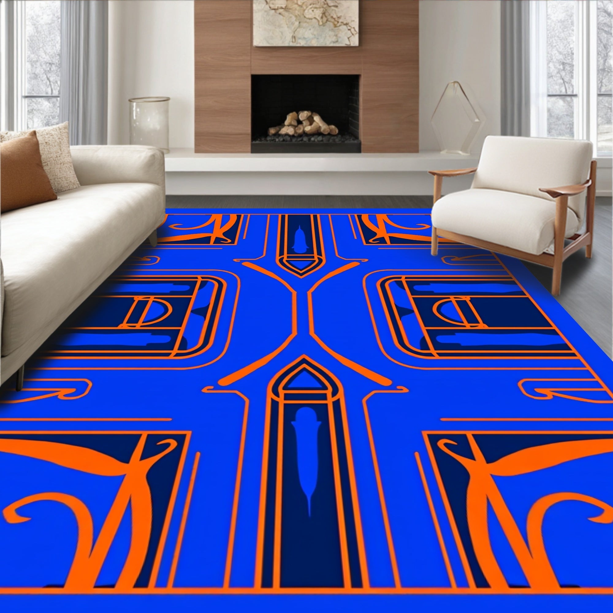 Vibrant Orange Blue Geometric Archway Rug