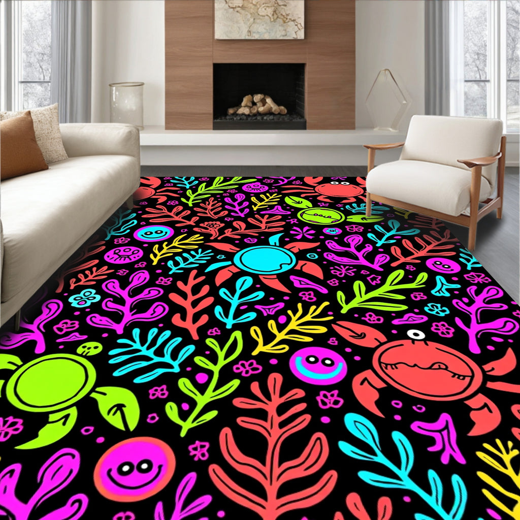 Vibrant Neon Ocean Coral Creatures Rug