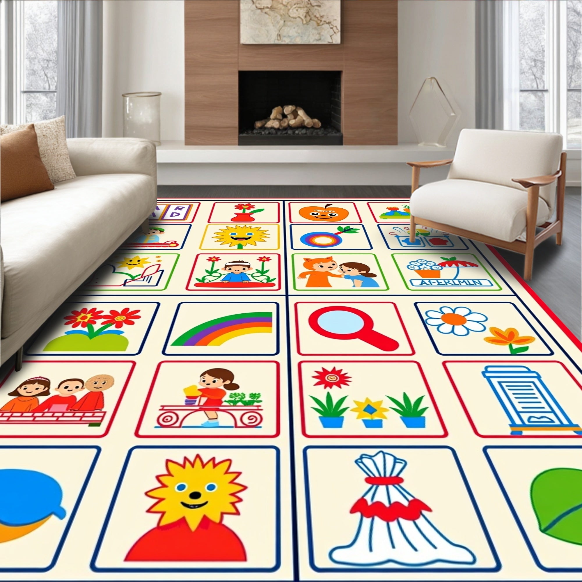 Childrens Playful Educational Images Collage Rug