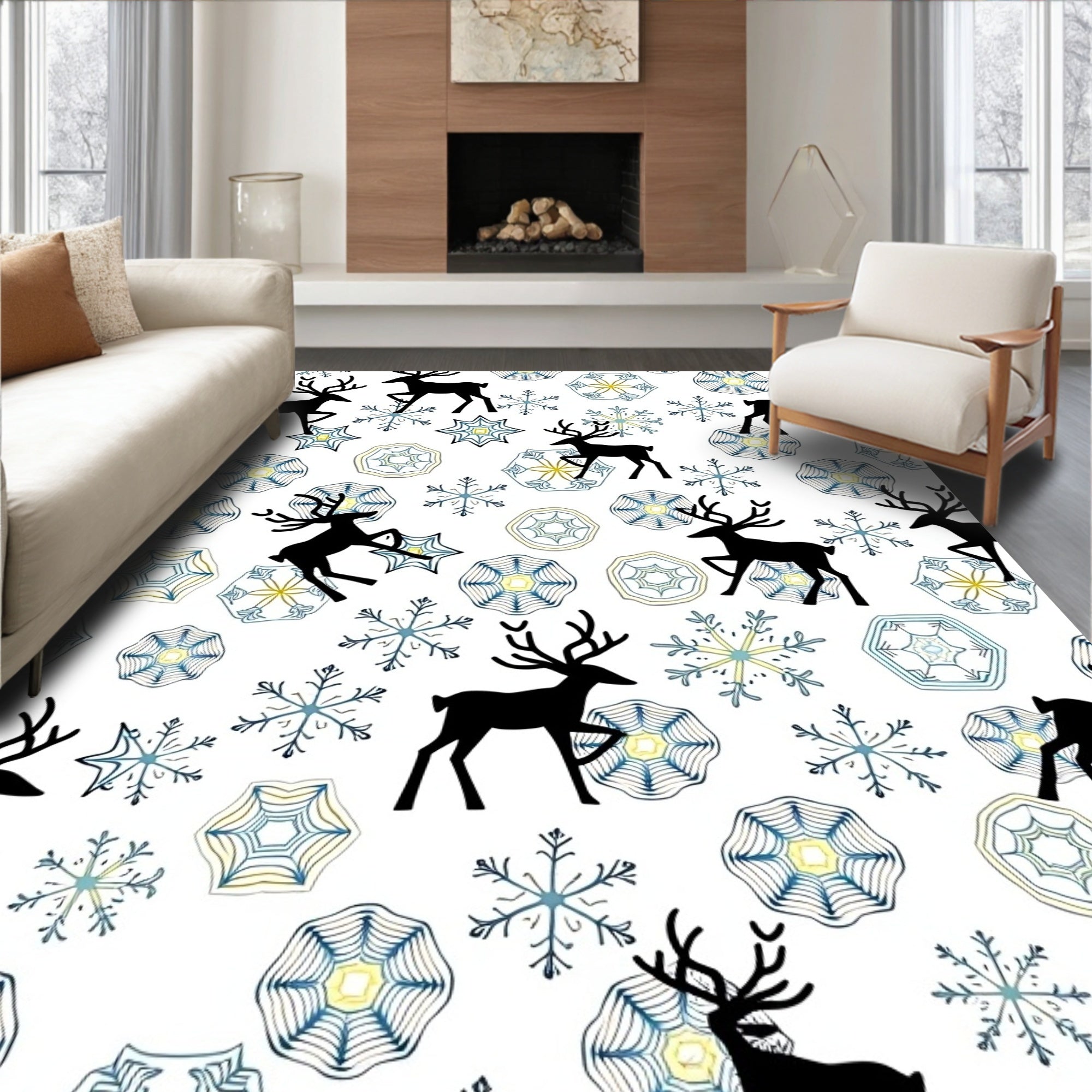 Black Reindeer Snowflake Medley Rug